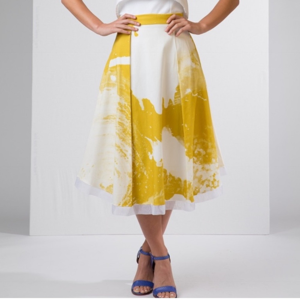 Yellow and White A-Line Midi Skirt